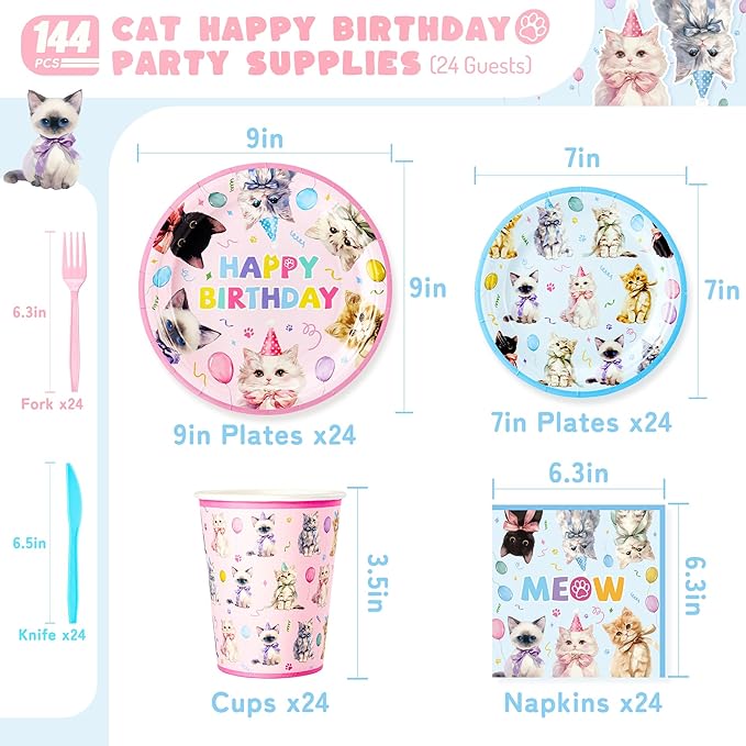 Cats Happy Birthday Party Plates Set, 144PCS Cats Themed Paper Plates Napkins Cups Knives Forks, 24 Set Blue Pink Disposable Tableware Set for Birthday Party Supplies