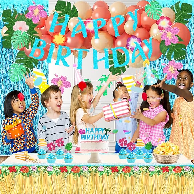 Hawaiian Party Decorations Set - Balloons, Cake Topper, Cupcake Toppers, Banner, Table cloth, Foil Curtains, Tropical Party Decorations