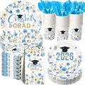 400 Pcs Class of 2026 Blue Floral Graduation Decoration for 50 Guests, Light Blue Gold Flower Graduation Paper Plates Napkins Cups Cutlery Grad Tableware for 2026 Congrats Grad Party Supply