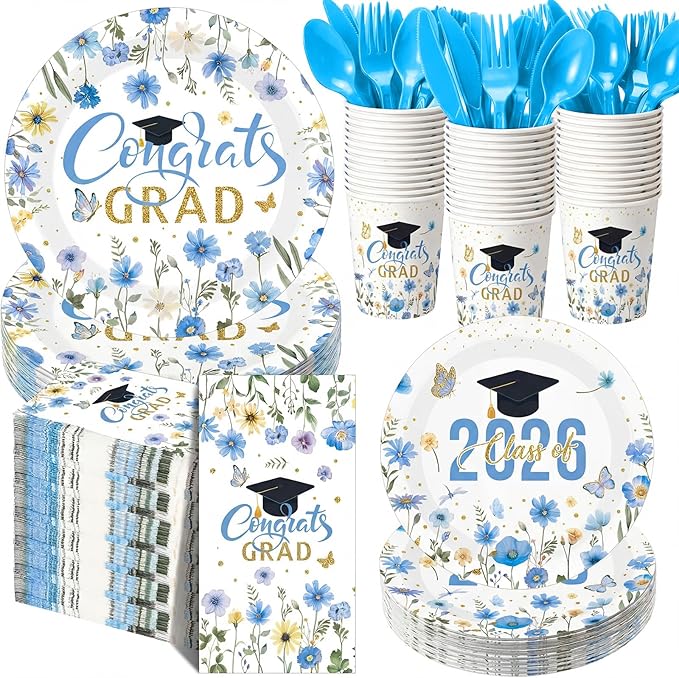 400 Pcs Class of 2026 Blue Floral Graduation Decoration for 50 Guests, Light Blue Gold Flower Graduation Paper Plates Napkins Cups Cutlery Grad Tableware for 2026 Congrats Grad Party Supply