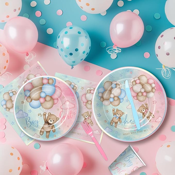 Bear Gender Reveal Decorations Party Tableware - Bear Boy Or Girl Gender Reveal Supplies, Paper Plate, Cup, Napkin, Tablecloth, Cutlery, He Or She Table Decorations | Serves 24