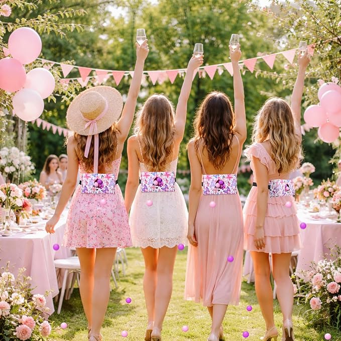 4 Sets Spring Party Games Pink Purple Butterfly Shake Box, 4 Adjustable Belts and 80 Balls, Swing Shaking Balls Set for Adults Tea Garden Outdoor Indoor Group Party Game