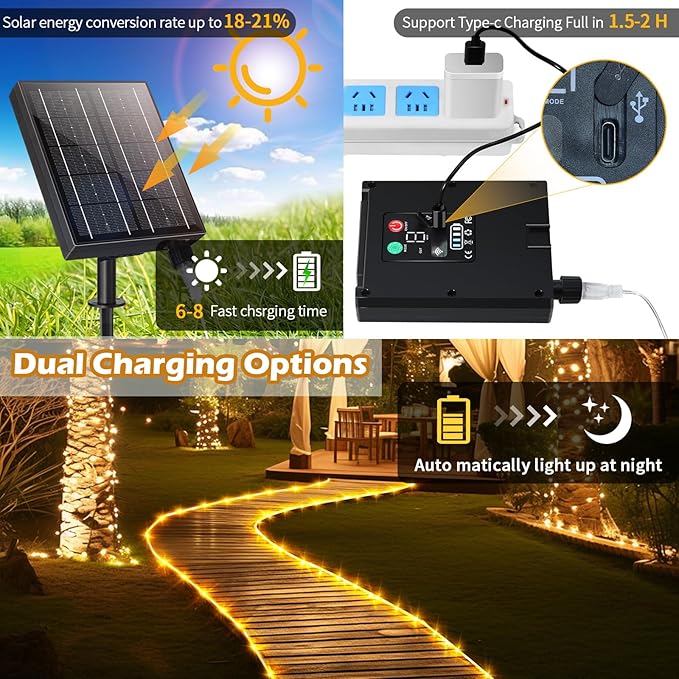 Solar Rope Lights 98FT Waterproof 300LEDs, Rechargeable Solar String Light with Remote Control,Outdoor Palm Tree Holiday Lights for Pathway Pool Patio Party Garden Yard Balcony (Multi Color)