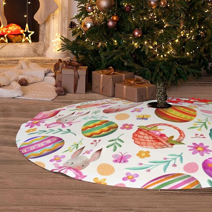 Easter Eggs Bunny Tree Skirt Xmas Tree Mat Christmas Tree Ornaments Decorations Holiday Party Indoor Outdoor 30"