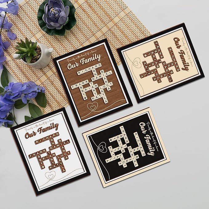 Custom Scrabble Family Name Frame Gifts from Daughter Nana Scrabble Puzzle Sign Wall Art, Grandkid Crossword Tiles Plaque, Letter Sign with Pet Dog & Cat Names, Mothers Day Birthday Gifts for Mom, Kids, Families Wall Decor