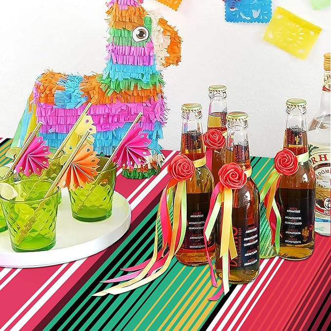 Hxezoc 3 Pack Disposable Plastic Mexican Serape Tablecloths, 54 x 108 Inch Mexican Striped Party Table Cover for Mexican Wedding Birthday Party Decorations Outdoor Indoor Party Supplies
