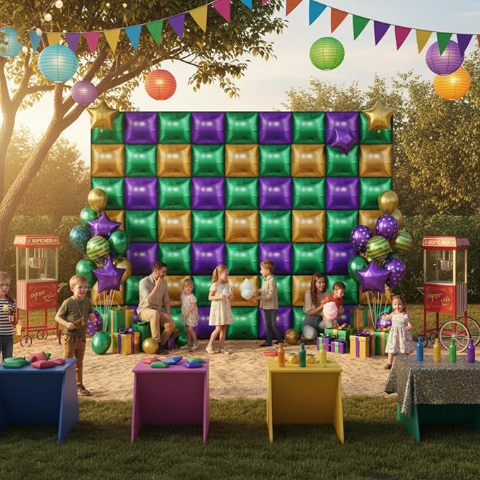 50 Pcs Mardi Gras Party Decor Double Sided Square Foil Balloons Wall Backdrop 19'' Purple Green Gold Foil Balloon Tunnel Arch Garland Kit for Fat Tuesday New Orleans Carnival Masquerade Party