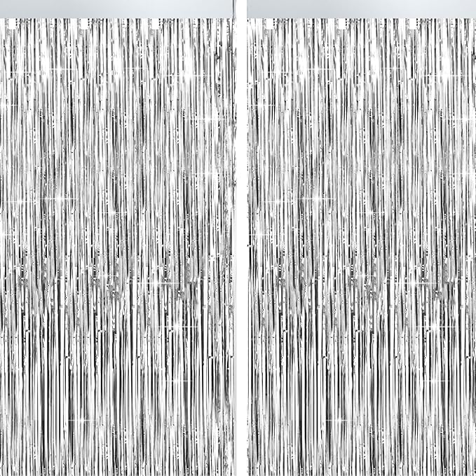 4 Packs Silver Foil Fringe Curtain, Silver Metallic Tinsel Backdrop for Birthday, Wedding, Baby Shower, Engagement, Bachelorette Party, Christmas Holiday Celebration Party Decorations Supplies