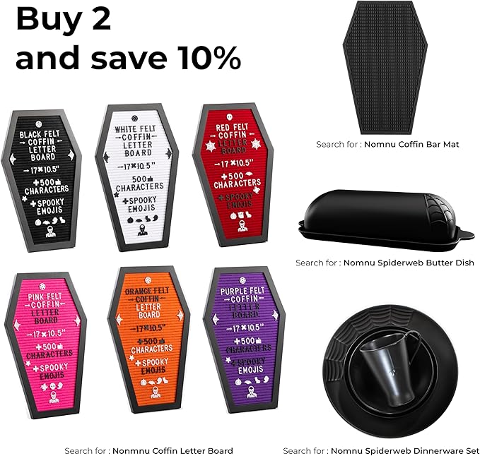 Nomnu Coffin Letter Board Black +3D Bat Stickers +650 Characters, Spooky Seasonal Emojis, Wooden Stand - 17x10.5 Inches - Coffin Shaped Goth Decor Sign Halloween Decorations Gothic Decor Birthday Home Spooky Gifts