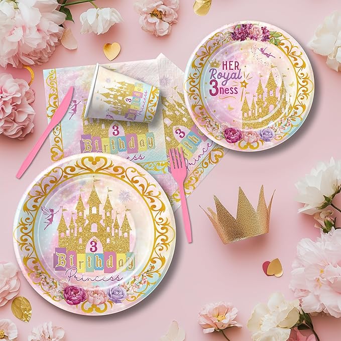 Princess 3rd Birthday Party Decorations Tableware, Pink and Gold Princess Theme Her Royal 3ness Birthday Party Supplies, Paper Plate, Cup, Napkin, Disposable Cutlery, Serve 24