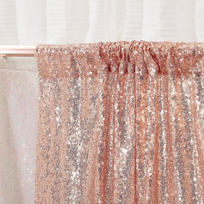 PartyDelight Rose Gold Sequin Backdrop 8x8ft - High Density 3mm Shimmer Sequin Background with 4-Inch Rod Pocket, Sparkly Photography Curtain for Wedding, Gala, Birthday & Large Event Decoration