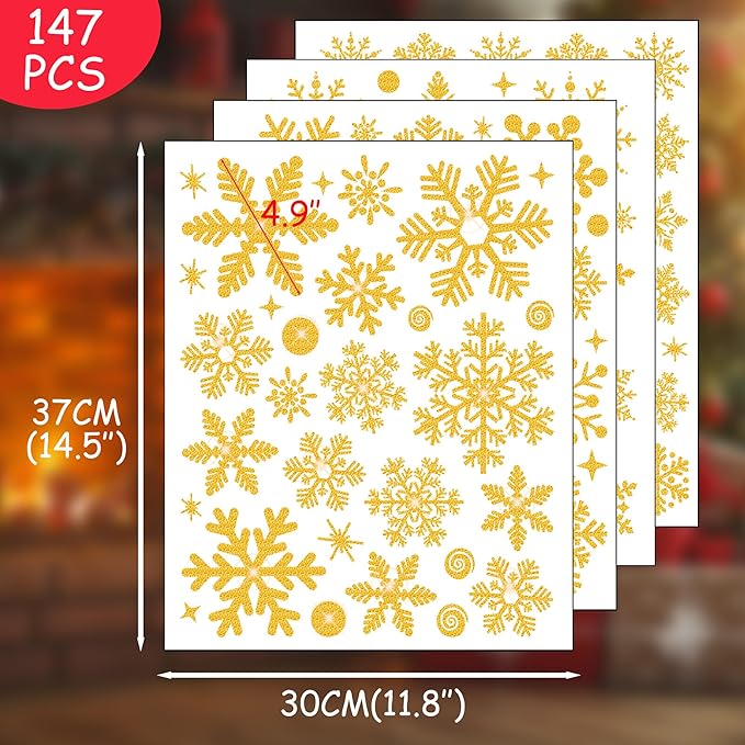 Gold Glitter Snowflake Window Clings 147PCS Sparkling Window Snowflakes Winter Wonderland Decorations for Home Office Christmas Party(Glitter Gold)