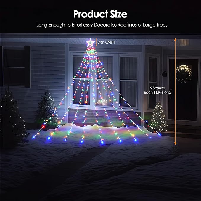 WBao Outdoor Christmas Decorations with 12" Star Topper, 344 LED 11.9ft Waterfall Christmas Lights with Remote Control, 8 Modes, 3 Timers, UL Listed, Waterproof for Tree Roof Porch Decor, Multicolor