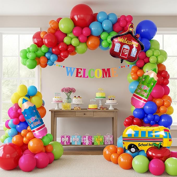 back to school balloons hot pink and red yellow green balloon garland arch kit 130+pcs with school bus classroom apple mylar balloon for back to school Birthday party decorations