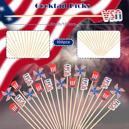 100pcs Patriotic Cocktail Picks Red White Blue 4th of July Decor Toothpicks Stick Skewer for Appetizer Charcuterie Accessories Fourth July Independence Memorial Veterans Election Day Party Decorations