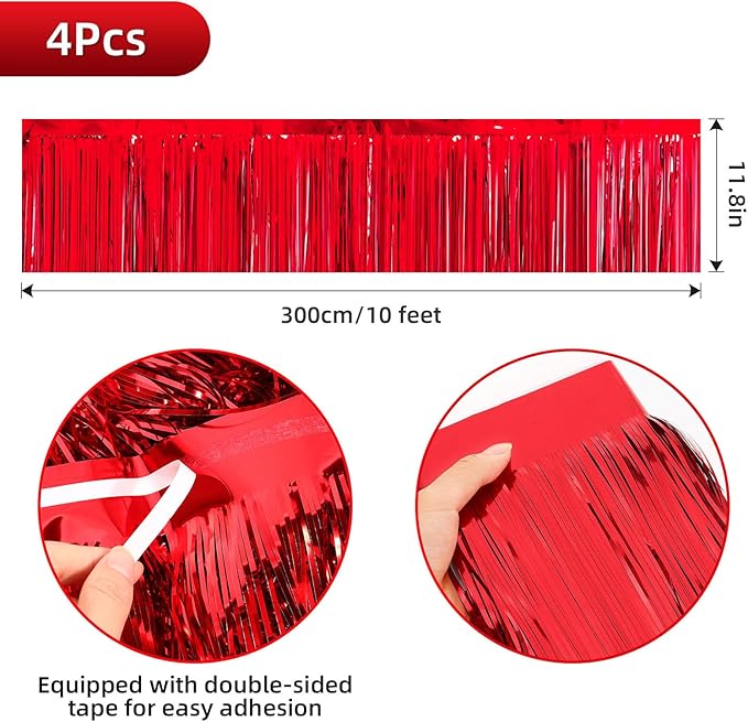 4 Packs Foil Fringe Garland Tinsel Streamers Shiny Wall Hanging Birthday Banner Backdrop for Graduation Wedding Anniversary Celebration Happy Birthday Party Decorations Red