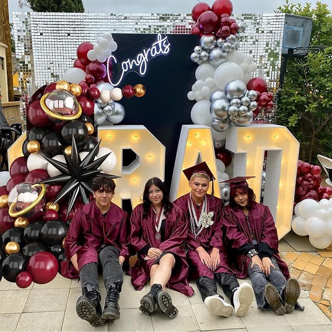 Black Burgundy Gold Balloon Arch Kit, Maroon Black Gold Balloons Garland, Clear White Red Metallic Balloons with Stars Balloon for Birthday Retirement Graduation Celebrations Class of 2025 Party Decor