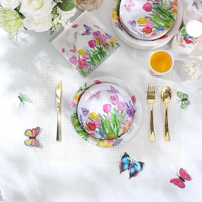 Pickmesh 250 Pcs Party Disposable Tableware Set Paper Plates and Napkins Cups Supplies Tea Party Theme Dinner Dinnerware for Birthday Bridal Baby Shower wedding Decoration Serves 50 (Tulip)