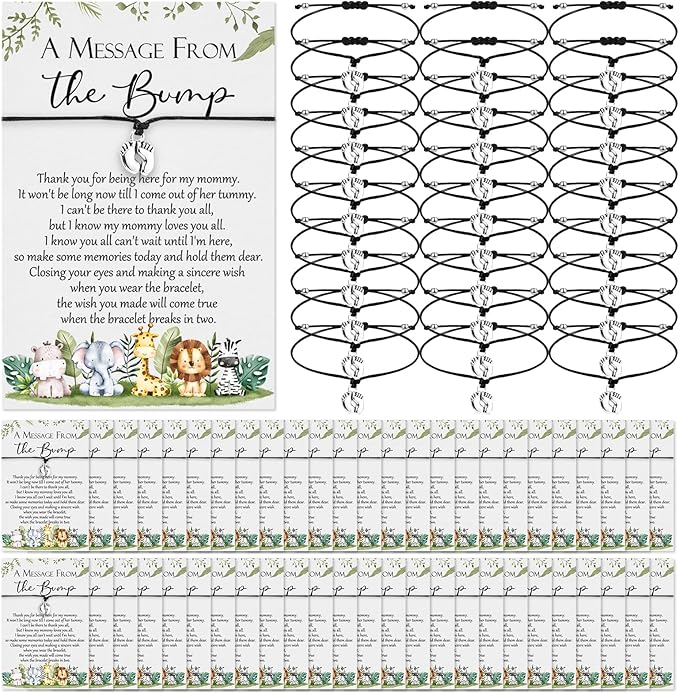 Thyle 50 Set Safari Baby Shower Favors for Guests Adjustable Bracelets with Message from The Bump Card Footprints Charm Baby Shower Bracelets for Gender Reveal Thank You Gifts