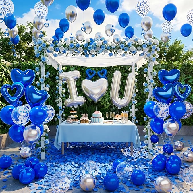 Bonropin I Love You for Him/Her Balloons Royal Blue and Sliver balloon kit with 24/18in Heart Shaped Foil Balloons and 400pcs Blue Artificial Rose Petals for Valentines Party Romantic Decoration