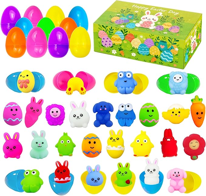 24 Pack Prefilled Easter Eggs with Squishy Toys – Easter Egg Fillers, Easter Gifts, Easter Goodie Stuffers, Classroom Prizes, Party Favors for Kids, Boys and Girls