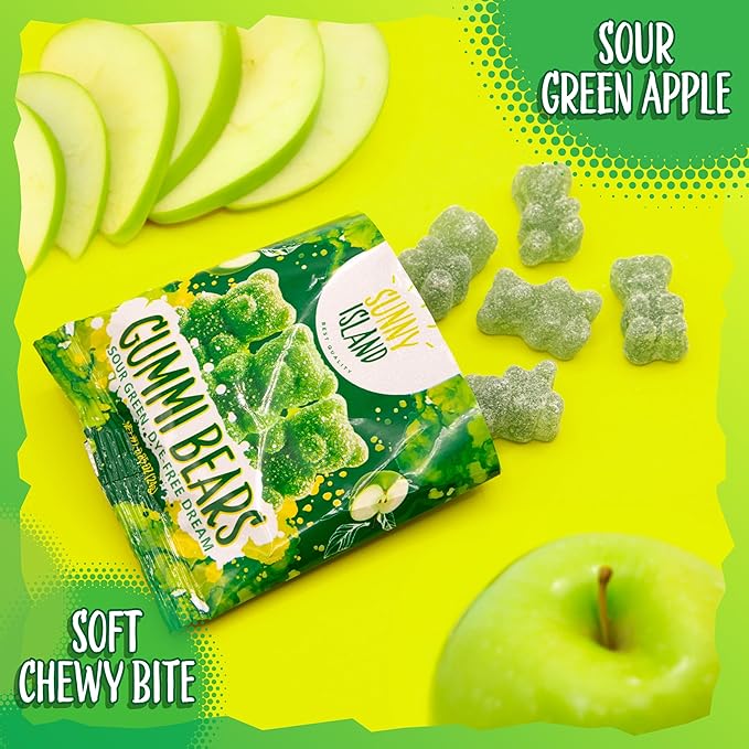 Green Apple Gummi Bears | 12 Packs of Sour Gummies | Dye Free Candy | Chewy Candy for Party Favors, Goodie Bags, Snacking and Gifting | Gelatin Free Treat