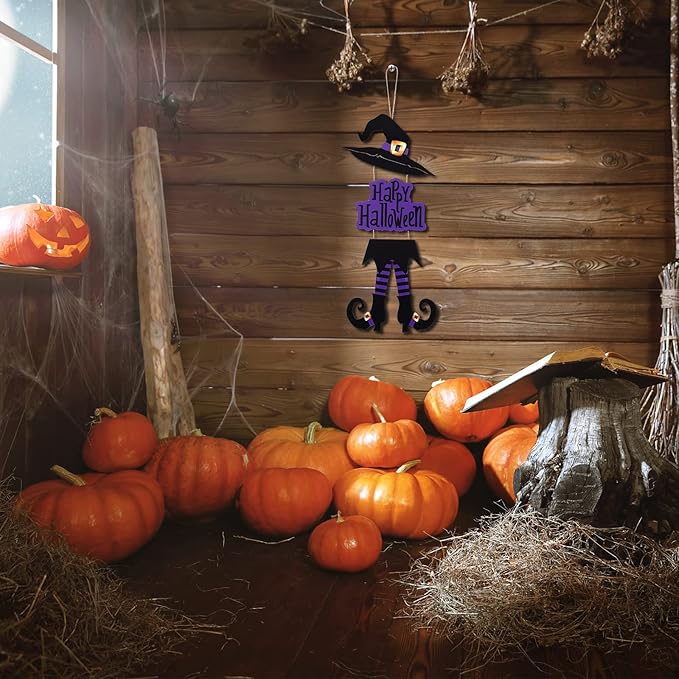 Yerliker Halloween Happy Sign Decoration Witch Legs Hat Hanging Wooden Wall Decor Version Rustic Front Door Hanger Fall Art Ornament for Home Room Indoor Outdoor Holiday Party(Purple)