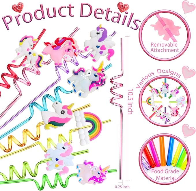 LEDUO 24Pcs Reusable Unicorn Drinking Plastic Straws,Silly Crazy Straws for Kids-Party Supplies-Party Favors Decorations-Rainbow Unicorn Theme Birthday Party Drinking Straw for Girls Boys