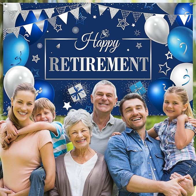 Blulu Retirement Party Decorations, Extra Large Fabric Retire Sign Banner Photo Booth Backdrop Background with Rope for Retirement Party Favor(72.8 x 43.3 Inches,Blue and Silver)