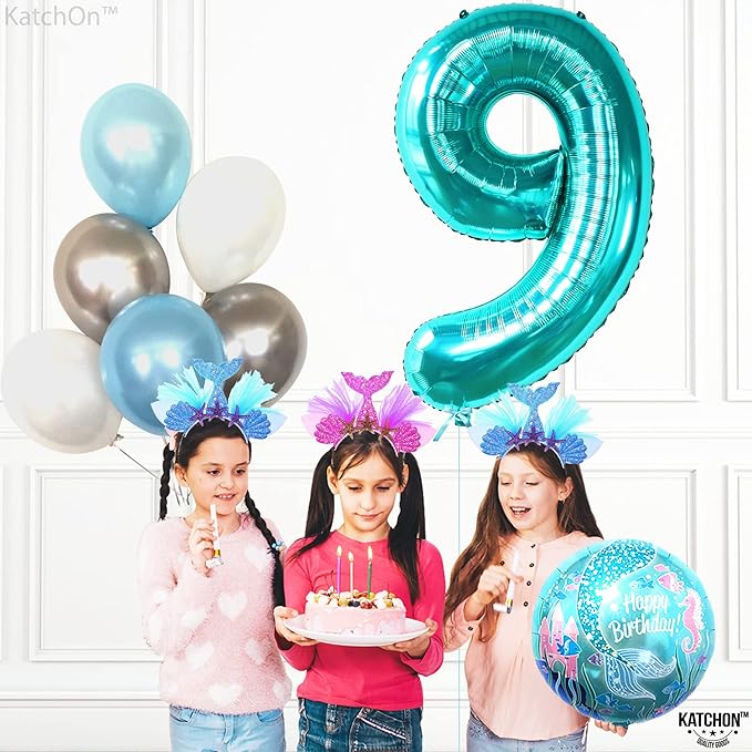 KatchOn, Giant Aqua Blue Number 9 Balloon - 40 Inch | Foil 9 Birthday Balloon for 9th Birthday Decorations | 9th Anniversary Decoration | Ocean Party Decoration