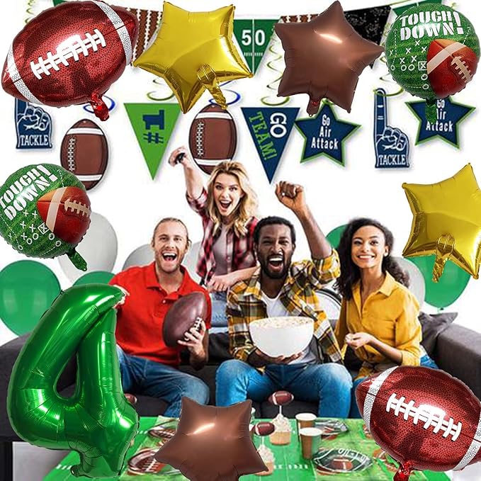 Football Balloons Foil Football Birthday Decorations Balloons Green Number 4 Balloon Gold Brown Star Touchdown Ballons for Rugby Birthday Decorations Sports Ballons Arch Kits Party Balloon Sets 9pcs