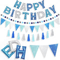 5 Pcs Pre-Strung Blue and Silver Happy Birthday Banner Set, Felt Glitter Happy Birthday Garland with Ball Garland, Pennant Flags and Tassels, Birthdays Party Decorations for Kids and Adults