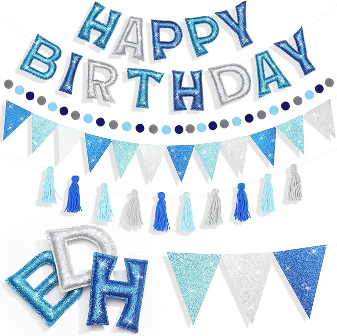5 Pcs Pre-Strung Blue and Silver Happy Birthday Banner Set, Felt Glitter Happy Birthday Garland with Ball Garland, Pennant Flags and Tassels, Birthdays Party Decorations for Kids and Adults