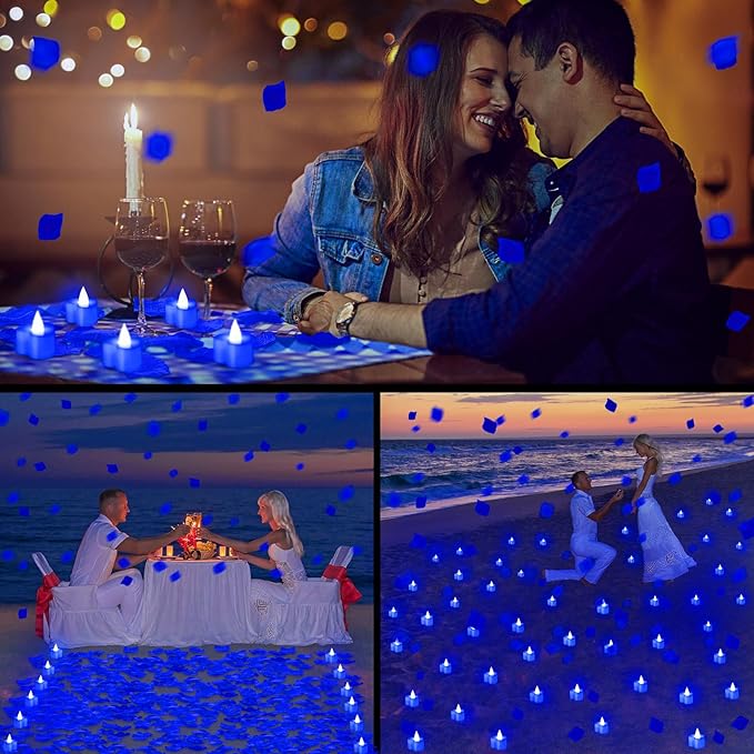 VIHOSE 4000 Pcs Artificial Rose Petals with 24 Pcs LED Tea Lights Candles Flameless LED Candles Fake Rose Petals for Wedding Birthday Party(Blue Light, Blue Petal)
