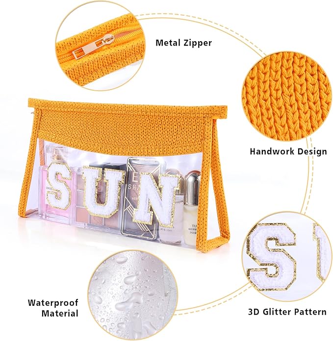 Sunscreen Bag Clear Makeup Bag Chenille Letter Sun Cosmetic Pouch Summer Beach Essential Cute Toiletry Pouch Travel Accessories Gifts for Women
