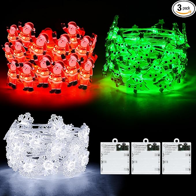 Christmas String Lights, Christmas Tree Santa Claus Snowflake Lights with Timer Twinkling Indoor Battery Operated 9.8ft 30LED Christmas Decorations for Home Decor Indoor Party Holiday 3 Packs