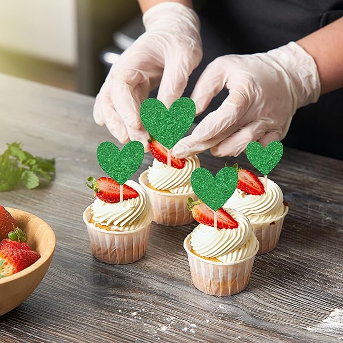 30 PCS Love Heart Cupcake Toppers Glitter Sweet Love Cupcake Picks Bridal Shower Wedding Engagement Cake Decorations for Valentine's Day Baby Shower Birthday Anniversary Party Supplies Green