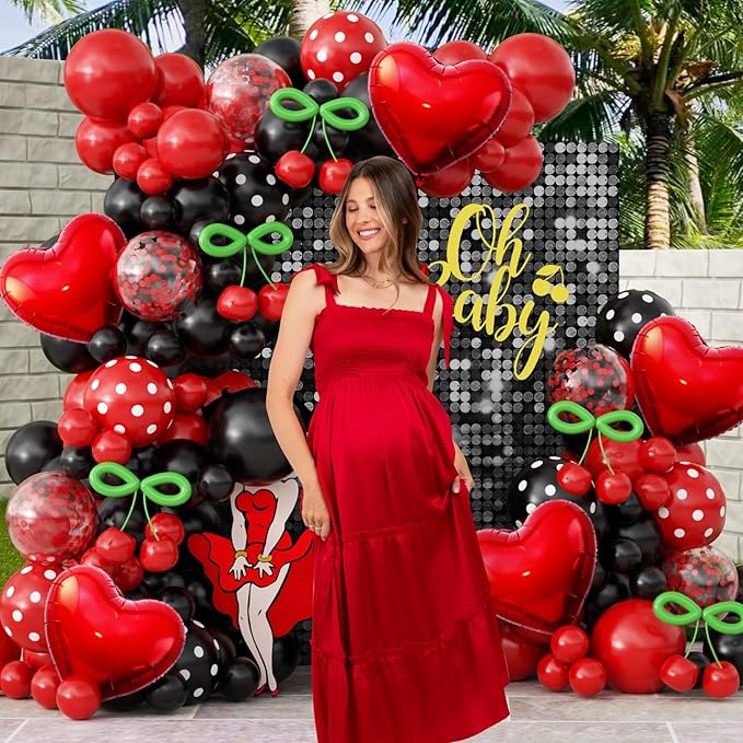 JOGAMS 170Pcs Betty Party Decorations,Red and Black Party Decorations with Confetti Red Heart Foil Polka Dot Green 260 Long Balloons for Bachelorette Birthday Baby Shower Vintage Retro Party