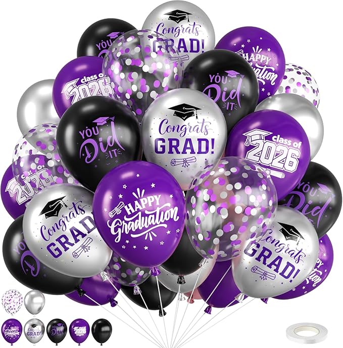 Purple Black and Silver Balloons,12 Inch Print You've Did It Happy Graduation 2026 Balloon and Confetti Balloons with Ribbon,for Graduation Class of 2026 Party Decoration Supplies