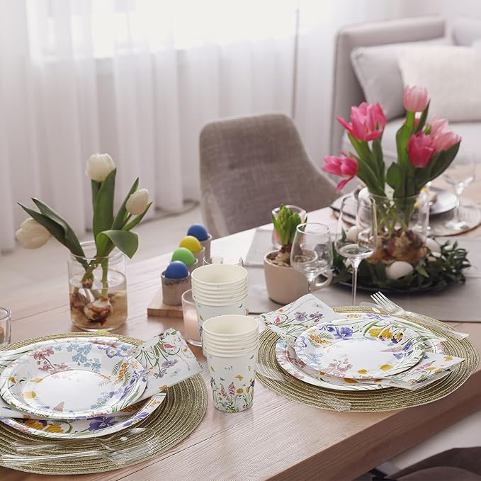 350 Pcs Easter Spring Floral Party Decoration Paper Plates Disposable Tableware Napkins Cups Knives Forks Spoons for 50 Guests Floral Baby Shower Party Tableware for Birthday