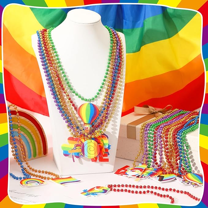 NOVWANG 24 Pcs Pride Beads Necklace 12 Styles Rainbow Beads Necklaces Multi Colors Necklaces for LGBT Parade Decorations Pride Party Favors