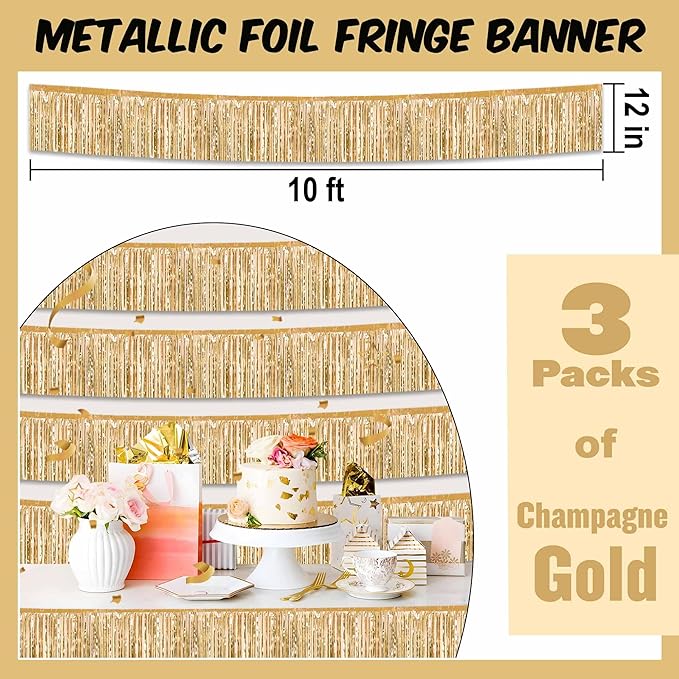 3 Pack 10 Ft Champagne Gold Foil Fringe Garland Metallic Streamers Tinsel Banner Wall Hanging Garland Backdrop for Parade Floats, Halloween, Christmas, Thanksgiving, New Year Party Decorations