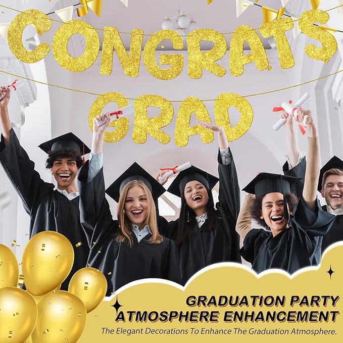 Fulmoon Pre Strung Congrats Grad Banner Glitter Congratulations Banner College Graduation Sign Class of 2026 Grad Party Decorations for High School University Graduation Party Favor(Gold)