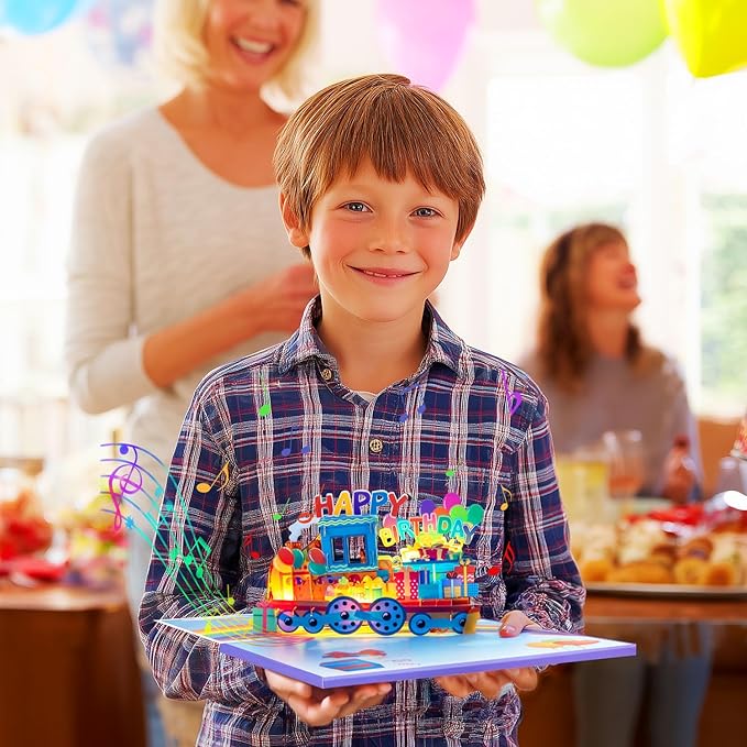 3D Train Pop Up Musical Birthday Card for Grandson, Granddaughter, Kids, Boys and Girls, Light Up Features, Plays 'Happy Birthday' Song, Fun Interactive Birthday Greeting