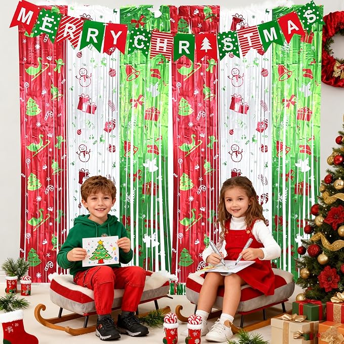 3 pack Christmas Party Decorations with Merry Christmas Banner and Foil Fringe Curtains, 3.3ft×6.6ft Red Green Tinsel Streamer Backdrop for Xmas Photo Booth Props Friendsmas Party Decor