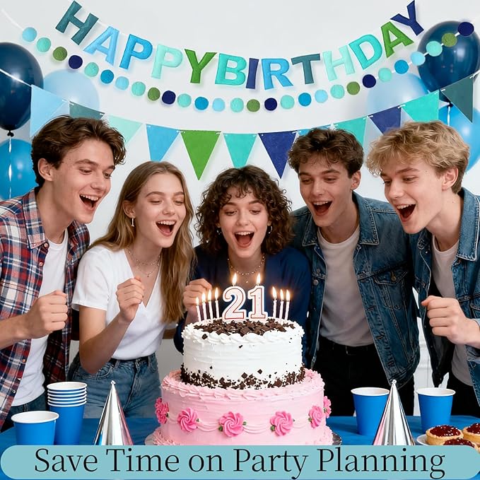 3PCS Pre-Strung 3D Blue Felt Happy Birthday Banner Set – Pom Pom Garland & Triangle Bunting, Reusable Happy Birthday Decorations, Felt Happy Birthday Banner & Sign for Boys, Men & Teens