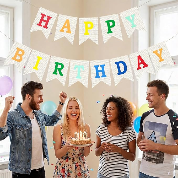 Burlap Happy Birthday Banner, Colorful Assembled Happy Birthday Banner Sign Garland for Boys Girls Rustic Party Decorations