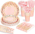 175 Pcs Pink and Gold Party Supplies, Serves 25 Pink Gold Foil Dot Disposable Dinner Tableware Set Gold Plastic Forks Spoons Knives Plates Napkins Cups Party Supplies for Birthday Wedding Graduation