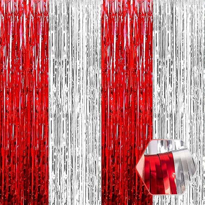 3 Pack Red Silver Foil Fringe Curtain Backdrop, 3.28Ft x 8.2Ft Metallic Tinsel Foil Fringe Streamer Curtains for Photo Booth, Teachers' Day, Halloween, Birthday, Wedding Party Decorations