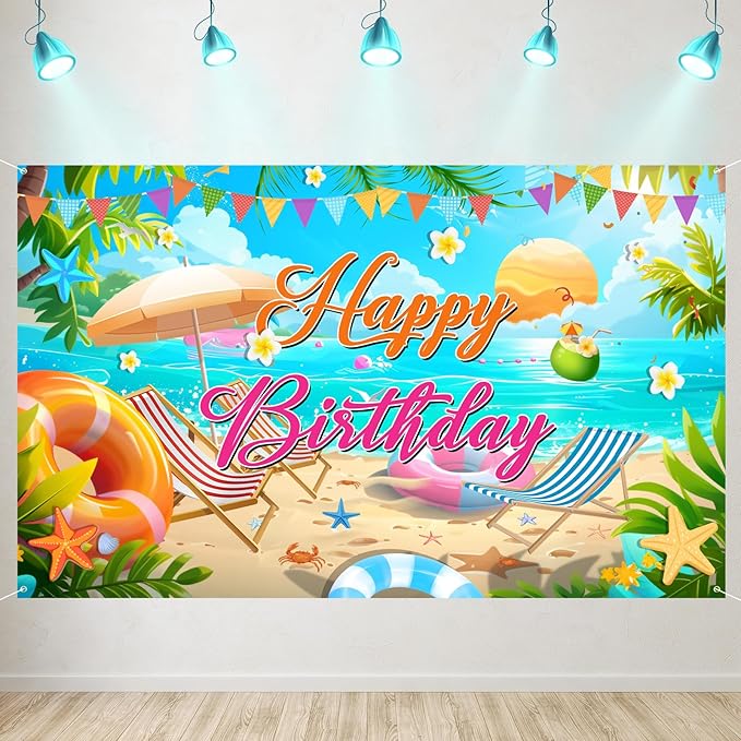 Summer Happy Birthday Banner Decorations, Backdrop Decor Supplies, Happy Sign for Backdrop, Large Beach Theme Birthday Banners Supplies Suitable for Any Lively Theme Party Event